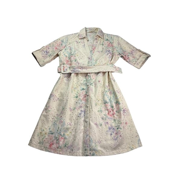 Solitaire Womens Denim Floral Eyelet Shirt Dress With Belt M Button Front Pastel - Picture 1 of 9